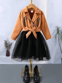 SHEIN Young Girl Contrast Mesh Hem Zip Detail Belted Dress - Multicolor - View 8