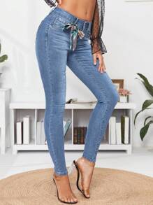 SHEIN Cottnline Knotted Detail Washed Skinny Jeans - Baby Blue - View 4