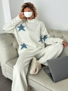 EURMUSE Women's Oversized Star Pattern Turtleneck Sweater With Long Sleeves - Beige - View 4