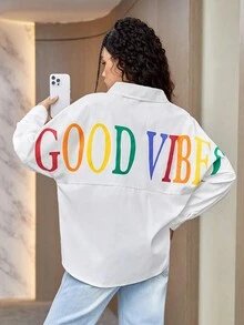 青少年女孩字母圖案落肩袖翻蓋口袋襯衫