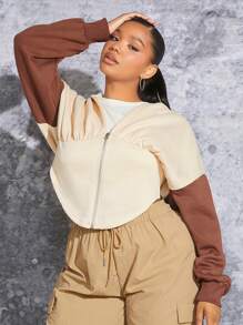 SHEIN SXY Plus Colorblock Drop Shoulder Zip Up Sweatshirt
