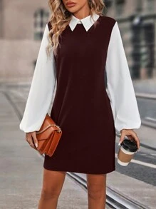 SHEIN Clasi Two Tone Lantern Sleeve 2 In 1 Dress - Coffee Brown - View 1