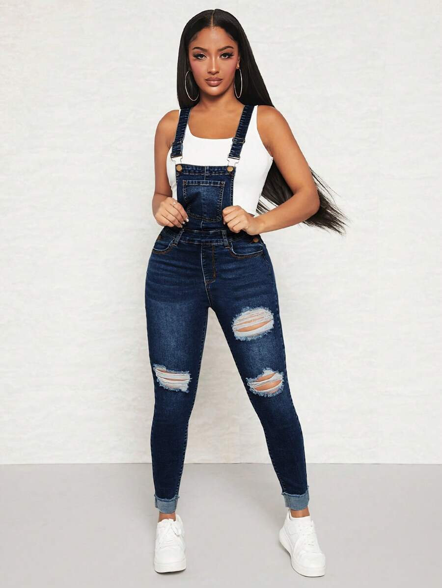 SHEIN SXY 破洞卷邊牛仔背帶褲 - 藏蓝色 - 查看 1