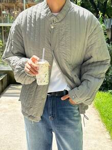 DAZY Men Slant Pockets Drop Shoulder Quilted Coat Jacket - Green - View 4