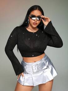 SHEIN ICON Plus Glitter Crop Sweater Without Bra - Black - View 2