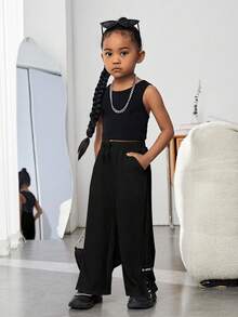 SHEIN Young Girl Letter Patched Detail Split Hem Sweatpants - Black - View 4