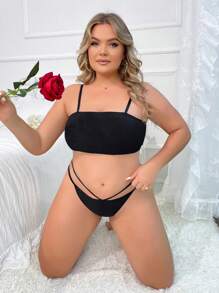 加大碼實色空心文胸和細肩帶內褲套裝