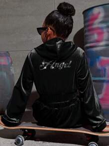 SHEIN Tween Girl Letter Graphic Velvet Jacket & Shorts - Black - View 1