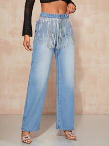 SHEIN BAE Fringe Trim Wide Leg Jeans