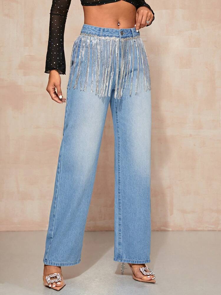 Fringe Trim Wide Leg Jeans