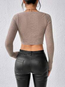 SHEIN Privé 大圓領短款毛衣 - 卡其色 - 查看 2