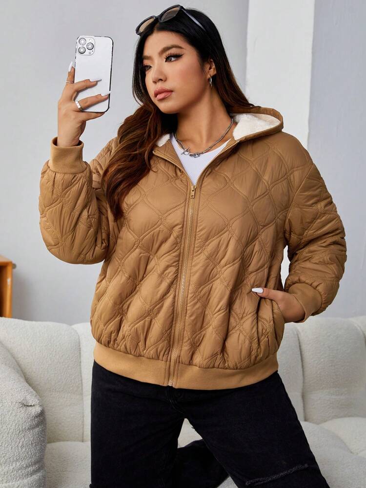 Plus Slant Pockets Plush Lined Hooded Quilted Coat