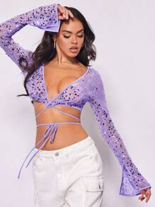 SHEIN BAE 聖誕十字交叉繫帶前開衩袖亮片短上衣 - 紫色 - 查看 6