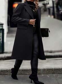 Calvaya Plus Lapel Neck Flap Detail Overcoat Fall Winter Cloth For Women Autumn - Black - View 5