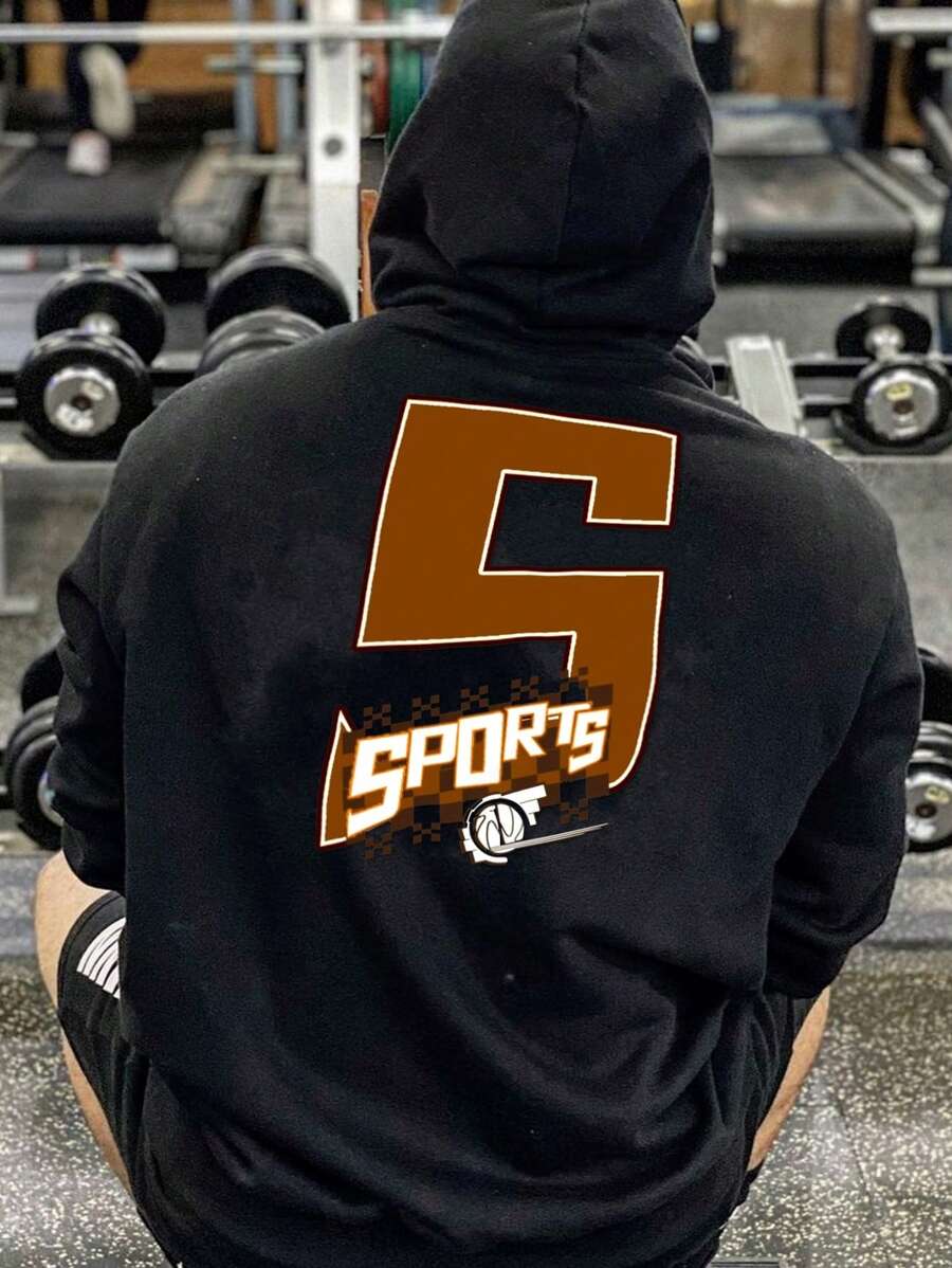 Manfinity Sport Corelite 男士字母图案抽绳运动卫衣 男士卫衣 - 黑色 - 查看 1