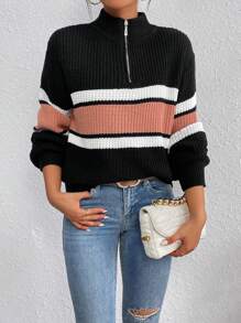 SHEIN LUNE Áo len chui đầu tay phồng phối màu, khóa kéo nửa thân, kiểu dáng thu đông. - Nhiều màu - Xem 4