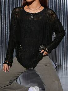 SHEIN PETITE 素色破洞落肩袖套頭毛衣 - 黑色 - 查看 7