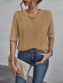 SHEIN LUNE Solid Pointelle Knit Top - Khaki - View 3