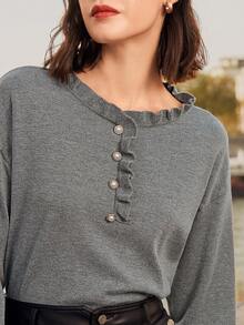 SHEIN Frenchy 前紐扣落肩袖套頭毛衣 - 灰色 - 查看 2