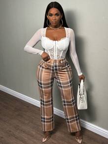 Slaydiva Plaid Print Button Detail Flare Leg Pants - Multicolor - View 3