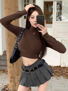 DAZY Áo len crop cổ cao trơn - màu nâu - Xem 1