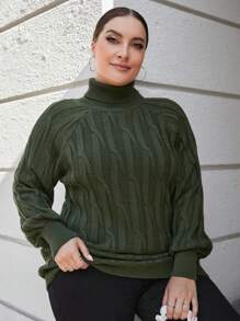 RueChic Plus Turtleneck Raglan Sleeve Cable Knit Sweater - Green - View 1