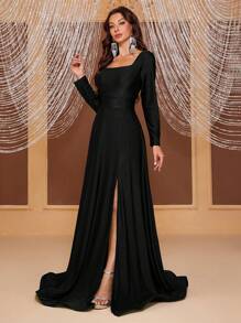 YISIKADO 方领开叉大腿连衣裙黑色优雅长袖正式晚会舞会婚礼宾客礼服，适合毕业典礼、晚宴派对礼服 - 黑色 - 查看 5