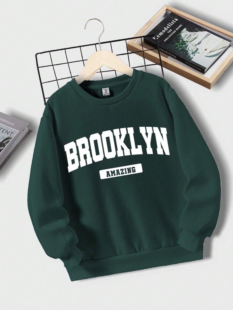 青少年男孩字母圖案加絨內裏運動衫