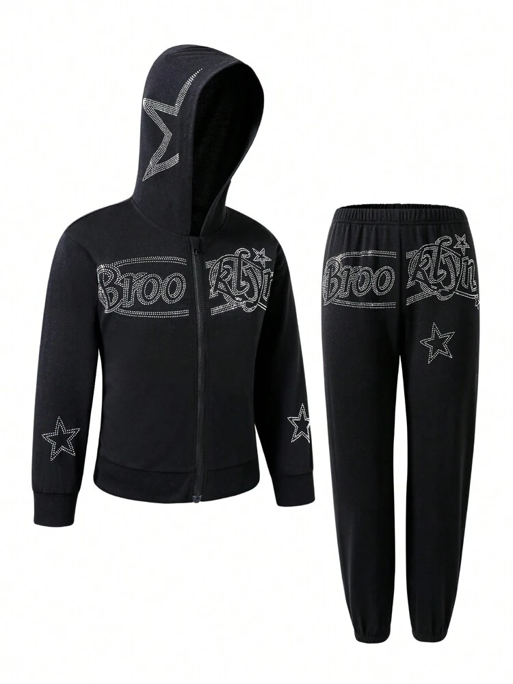 Tween Girl Rhinestone Letter Pattern Zip Up Hooded Sweatshirt & Sweatpants