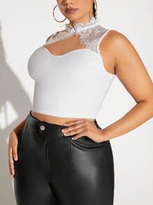 SHEIN SXY 大碼睫毛蕾絲邊前鏤空短款背心 - 白色 - 查看 3