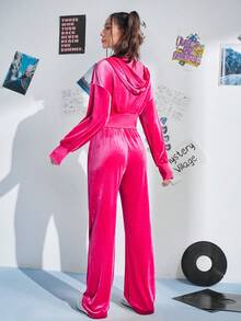 SHEIN Qutie 水鑽字母圖案落肩袖連帽衫和褲子 - 玫紅色 - 查看 2