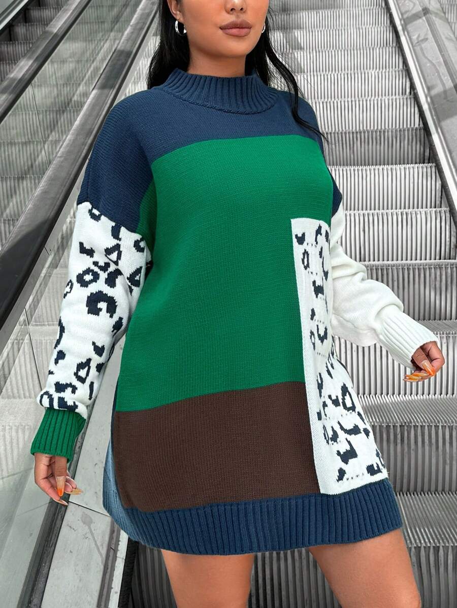 RueChic 豹纹拼色落肩毛衣，适合冬季 - 彩色 - 查看 1
