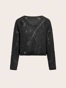 SHEIN EZwear Halloween Chất rắn Thả vai Áo len Crop - Màu xám đen - Xem 1