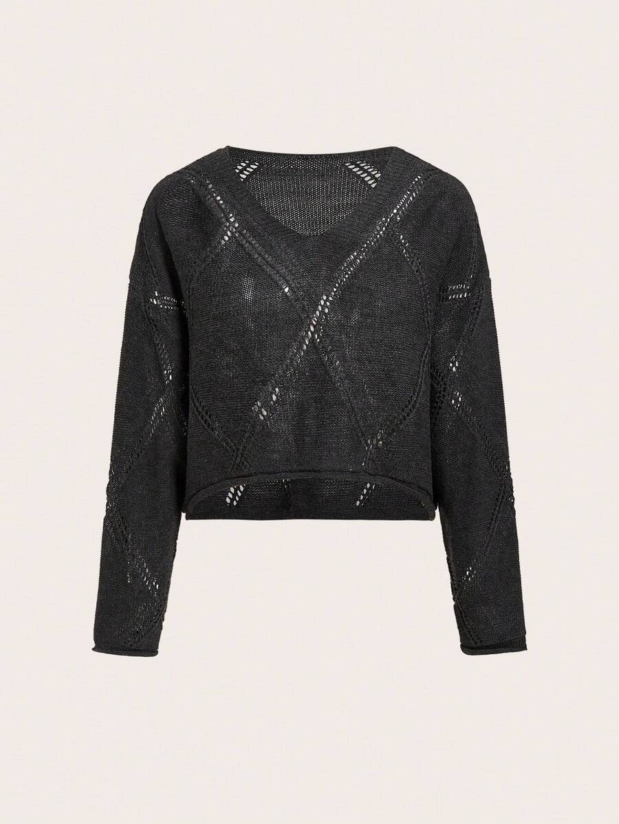 SHEIN EZwear Halloween Chất rắn Thả vai Áo len Crop - Màu xám đen - Xem 1