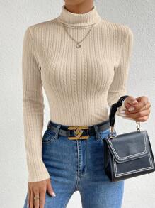 SHEIN Essnce 高領麻花編織T恤 - 卡其色 - 查看 3