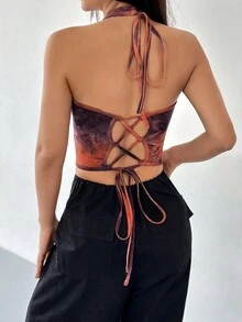 SHEIN EZwear Tie Dye Bandana Hem Backless Halter Top - Brown - View 2