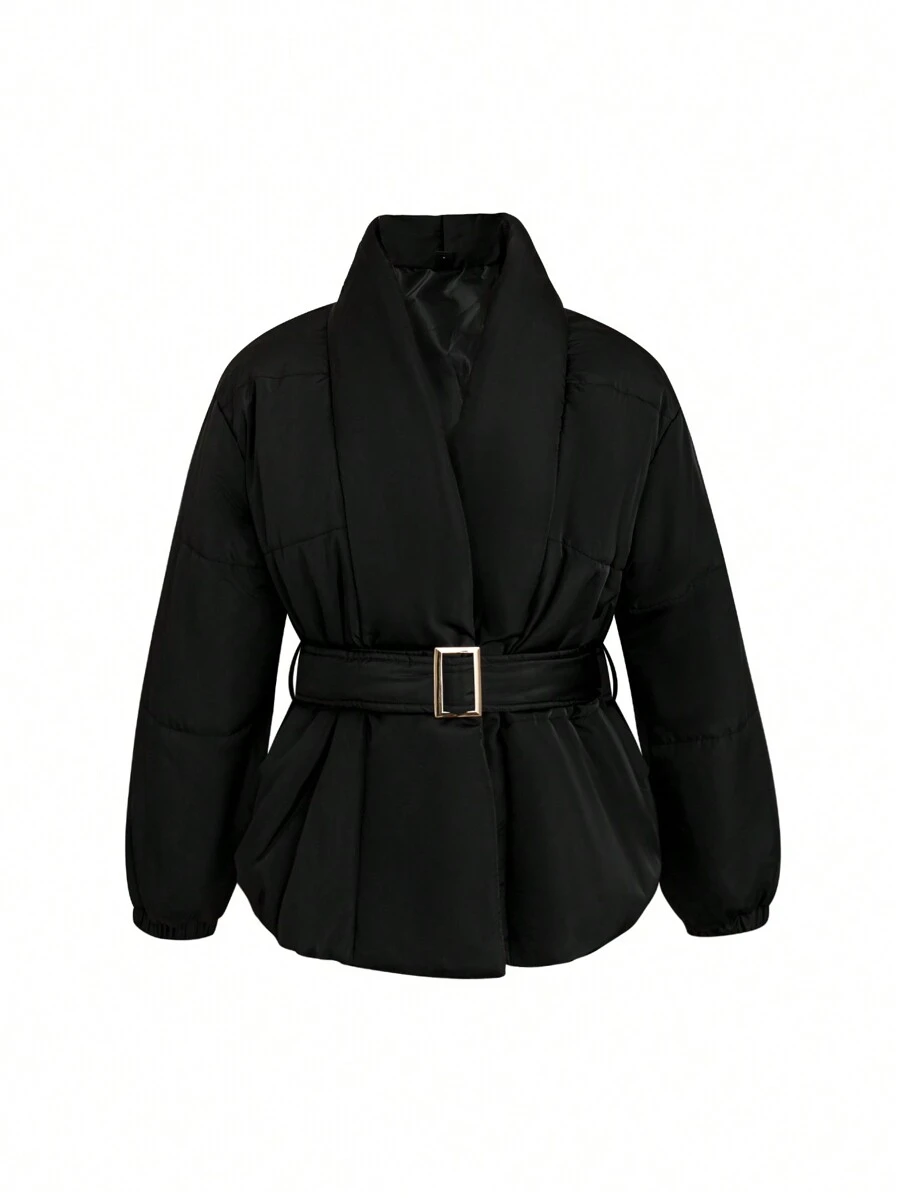 SHEIN Unity 加大码纯色拉链腰带加厚棉服外套冬季保暖 - 黑色 - 查看 1