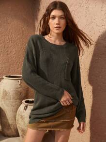 Bohemela Solid Drop Shoulder Sweater Dress - Army Green - View 3