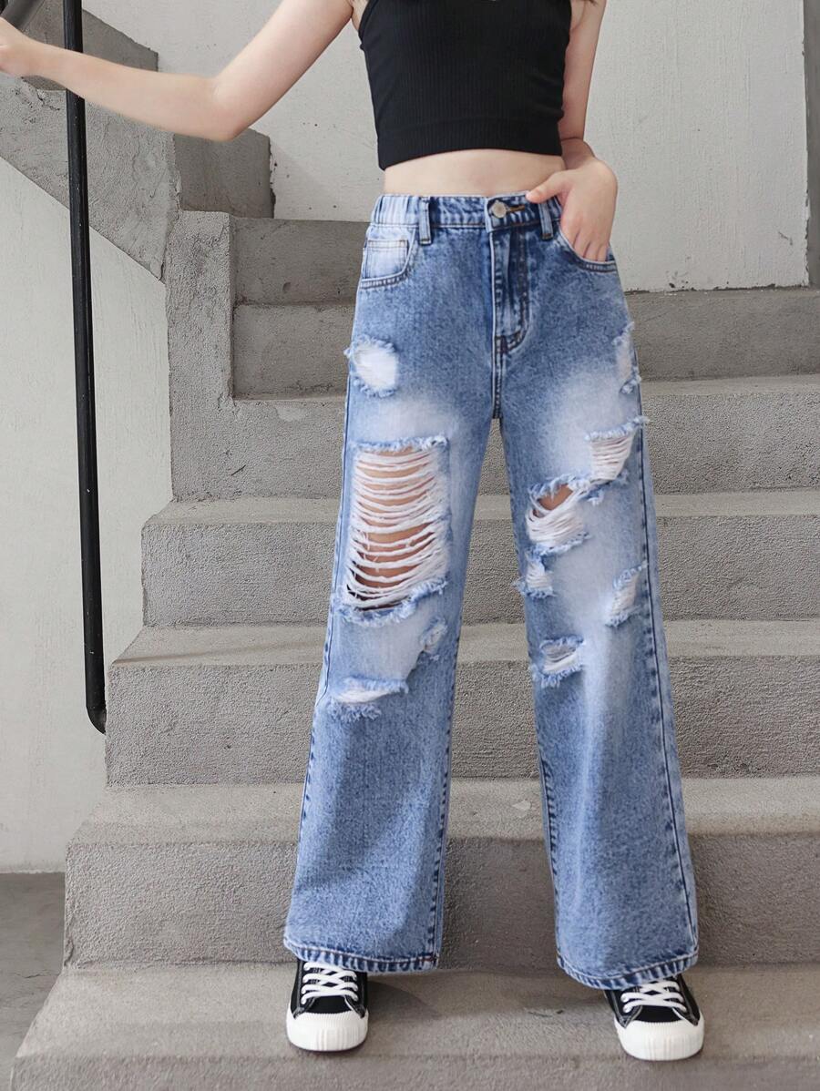 Mädchen Jeans Weit Geschnitten | Zerrissene Denim Hose 5-14 Jahre
