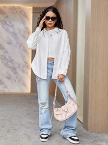 青少年女孩字母圖案落肩袖翻蓋口袋襯衫