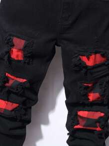 Manfinity EMRG Hombres Jeans desgarro de cuadros con parche - Negro - Ver 4