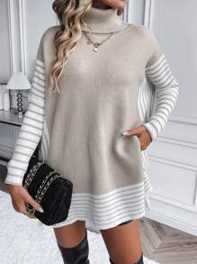 SHEIN LUNE Striped Pattern Turtleneck Drop Shoulder Knit Pullover Fall Winter Sweater - Khaki - View 3