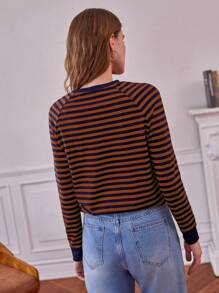 SHEIN Frenchy Striped Raglan Sleeve Tee Winter Brown Casual - Brown - View 2