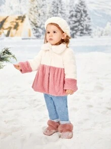 SHEIN Baby Girl Two Tone Fluffy Peplum Coat - Beige - View 7