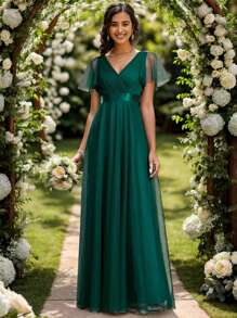 Elegant V-Neck A-Line Sheer Dark Green Bridesmaid Dress, Suitable For Wedding Guests, Wedding Parties, Formal Occasions, Valentine's Day And More - Dark Green - View 4
