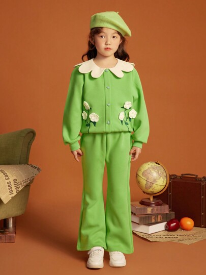 Tween Girl Floral Embroidery Peter Pan Collar Lantern Sleeve Jacket & Flare Leg Pants