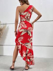 SHEIN VCAY Tropical Print One Shoulder Cut Out Ruffle Asymmetrical Hem Dress - Red - View 2