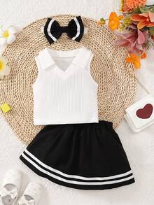 Đứa bé gái Chất rắn Áo ba lỗ & Sọc trang trí Váy & Băng đô đầu - Đen và trắng - Xem 3