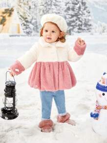 SHEIN Baby Girl Two Tone Fluffy Peplum Coat - Beige - View 3