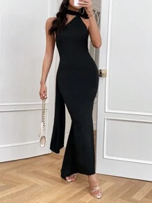 SHEIN X Tarsha Whitmore SHEIN Privé 褶邊高衩露背繞頸洋裝 - 黑色 - 查看 6